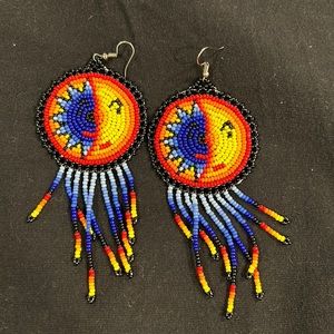 Handmade Huichol Beaded Waterfall Earrings, 'Wirikuta Eclipse in red